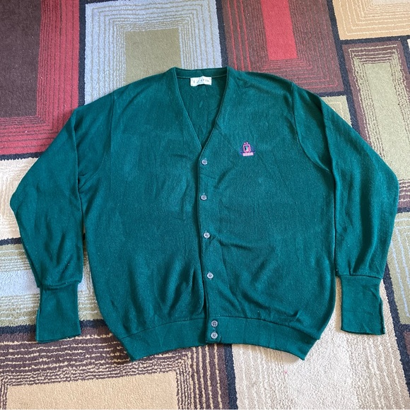 Vintage Izod Crest Logo Acrylic Cardigan Sweater Sz L USA Made Forest Green - Picture 1 of 8